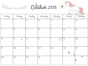 2018-2019 Unicorn Calendar Printable