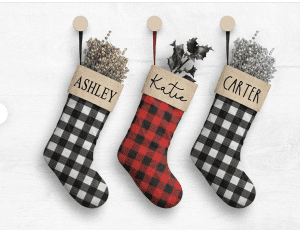 Personalized buffalo plaid Christmas stockings from Baby Squishy Cheeks on Etsy