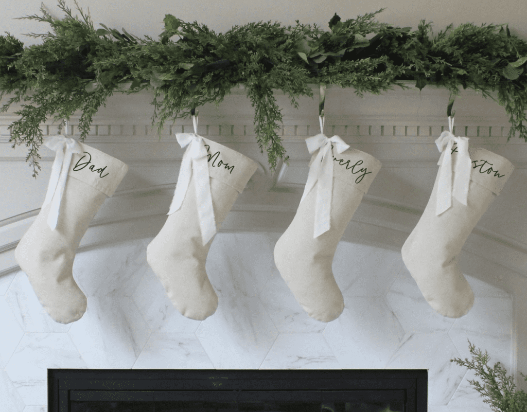Natural Linen Christmas stockings with bow from Porter Lane Home shop on Etsy