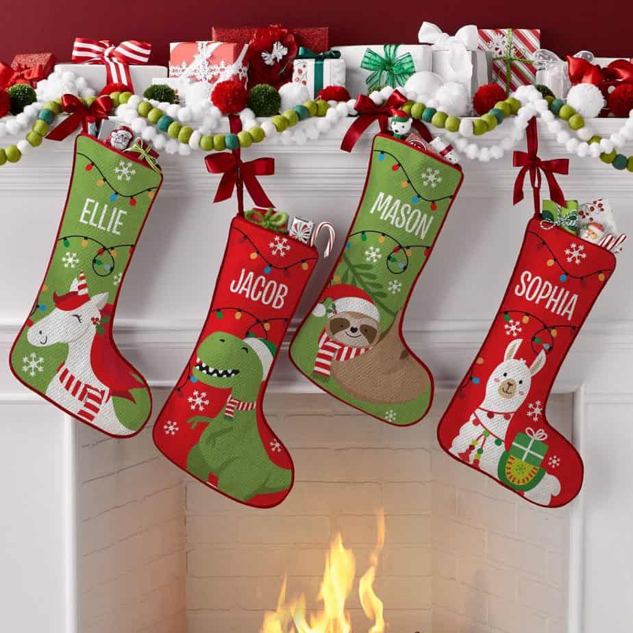 Dino, unicorn, slouch, and llama christmas stocking from Let's Make Memories