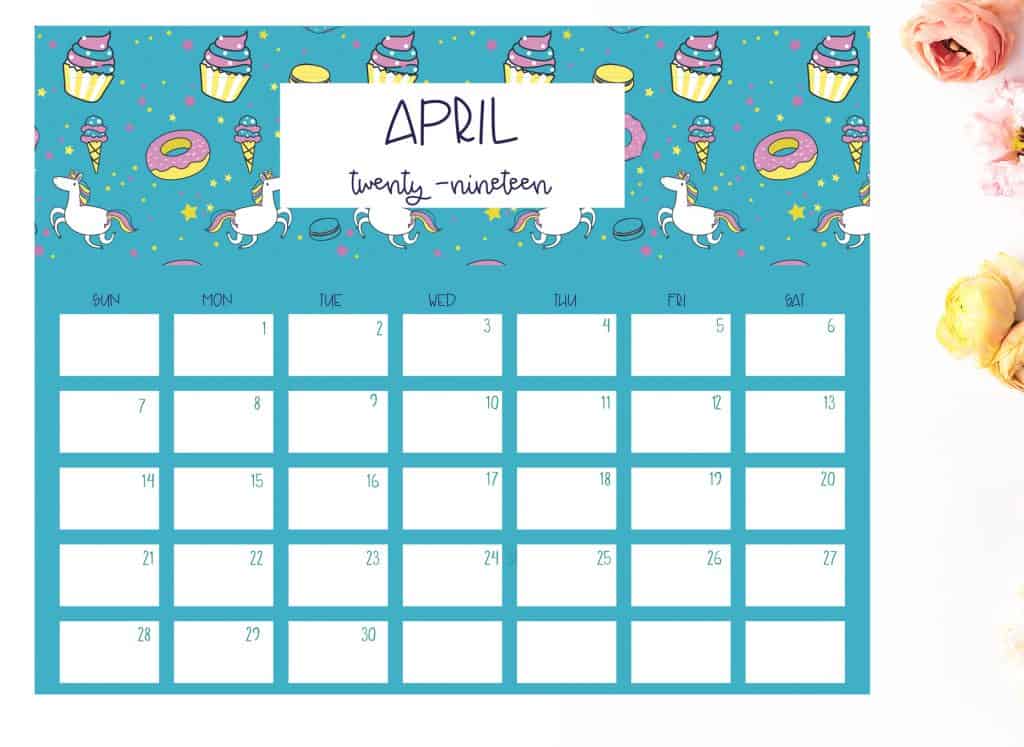 2019 calendar unicorn april