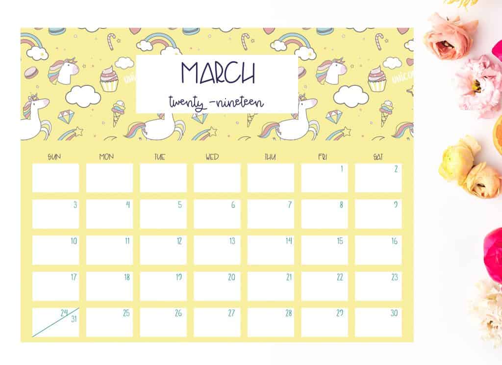 2019 calendar unicorn march