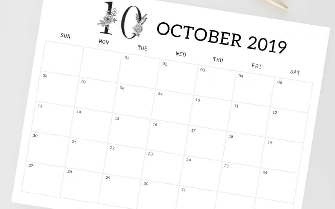 black and white floral monthly calendar. october 2019 calendar