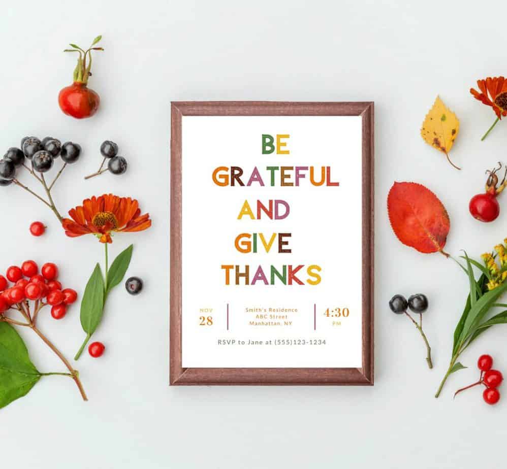 thanksgiving party invitation template with fall colors for Canva.