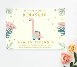 pink dino invitation template for Canva. Easily turn this template into an invitation for any kind of occasion. Let me show you how.