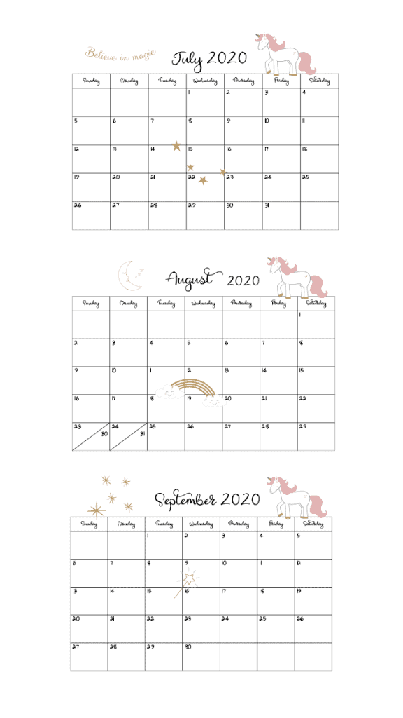 2020 unicorn calendar july-sep