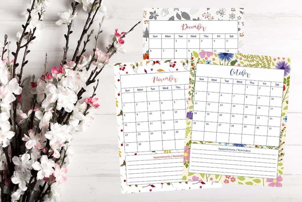2020 floral calendar printable oct-DEc