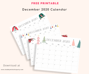 December 2020 calendar with 4 different designs