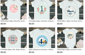 Baby milestone stickers on baby bodysuit in etsy shop