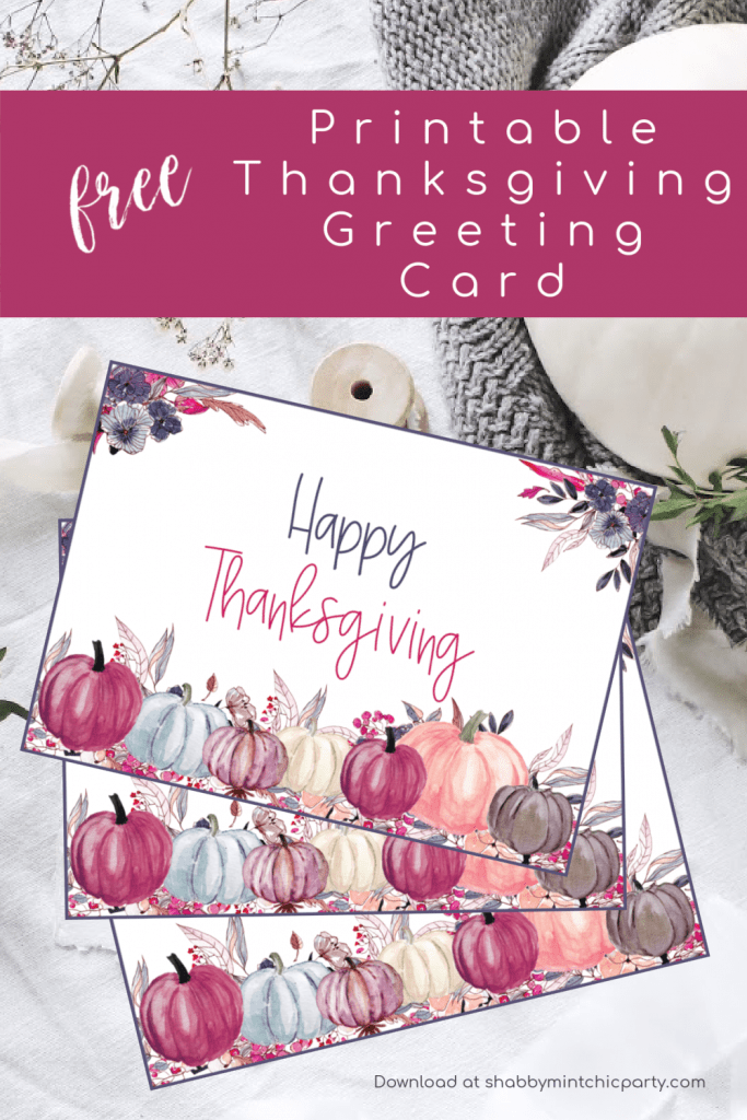 Thanksgiving greeting card with purple florals and pumpkins