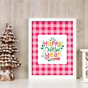 happy new year printable with hot pink checker plaid