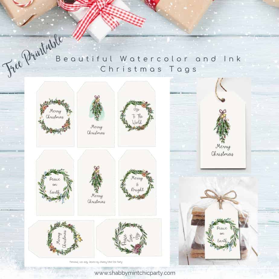 Christmas gift tags freebies watercolor wreaths