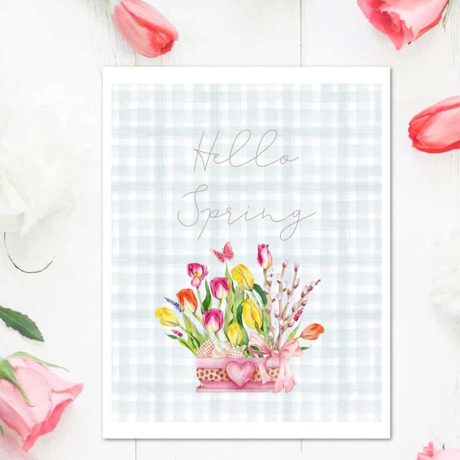 Spring printable tulips and other flowers in bucket with words Hello Spring