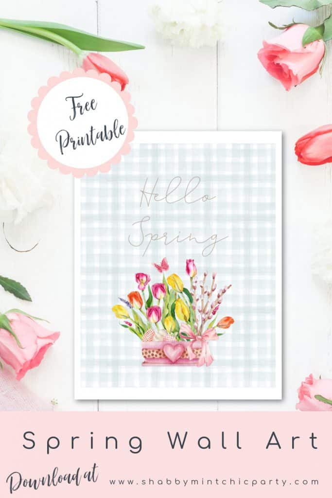 Free printable Hello Spring with flowers in bucket