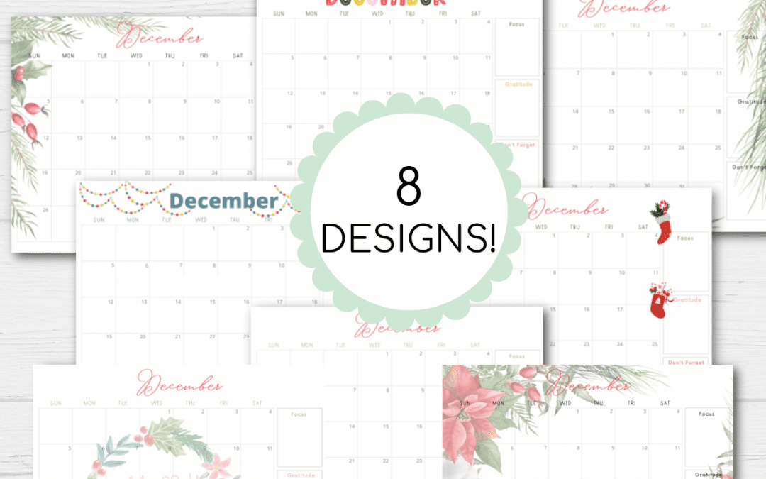 December 2021 prinable calendar 8x10 inches with 8 different designs