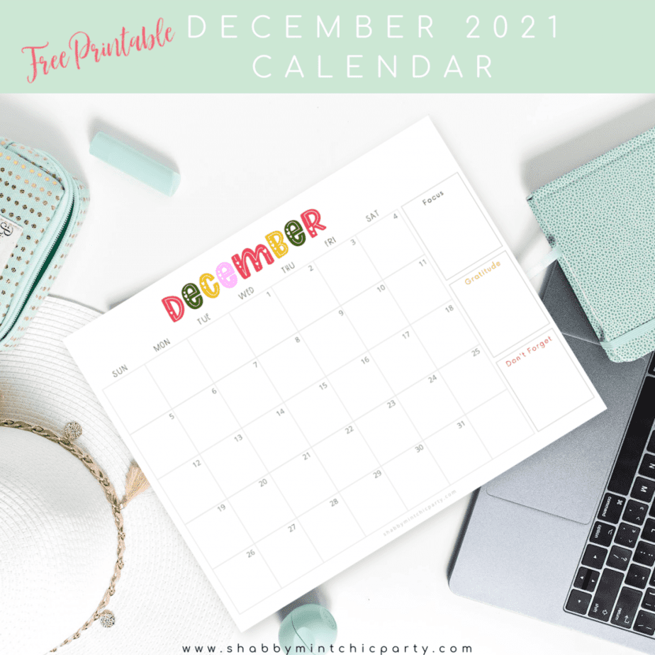 December 2021 monthly calendar printable DECEMBER word in red, green, and orange