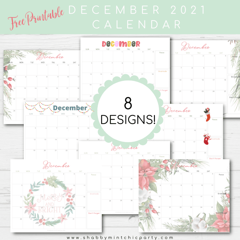 Free Printable December 2021 Calendar Shabby Mint Chic Party