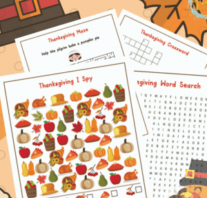 4 Thanksgiving activity pages - I spy, maze, word search and crossword puzzle