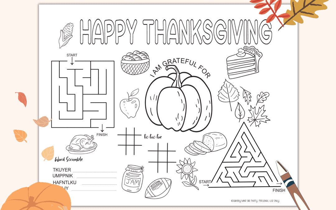thanksgiving placemat for kids free printable with mazes and coloring activities