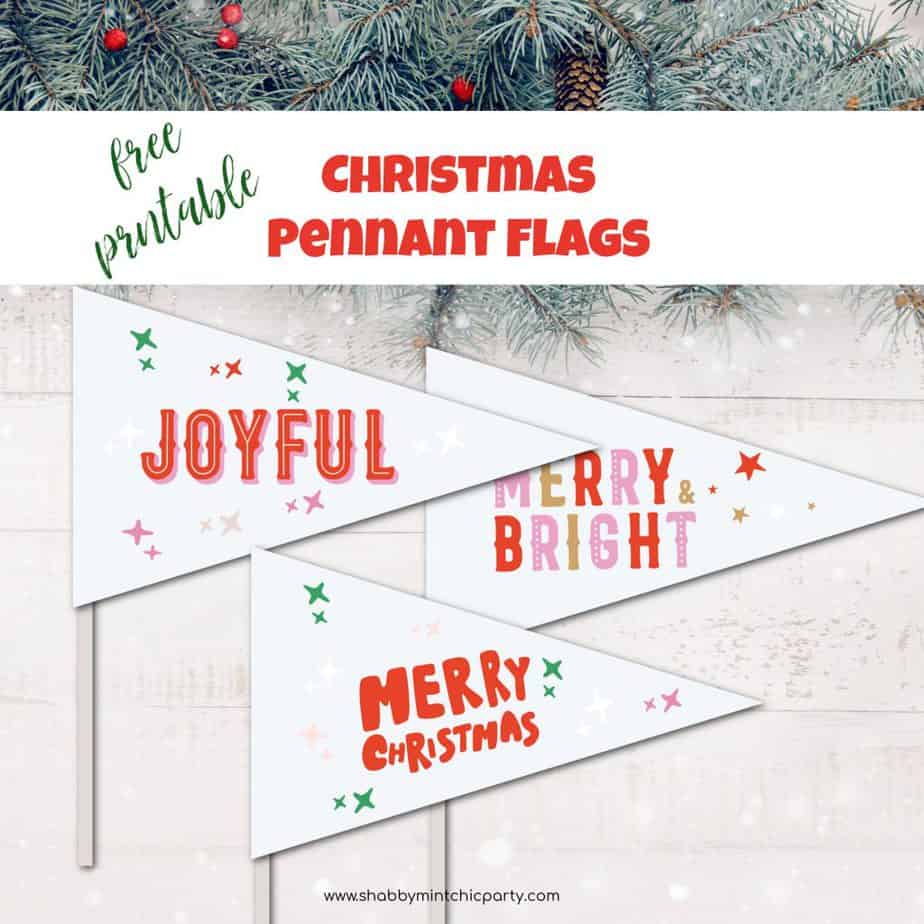 free printable Christmas pennant flags with words JOYFUL, MERRY AND BRIGHT, MERRY CHRISTMAS in red and pink