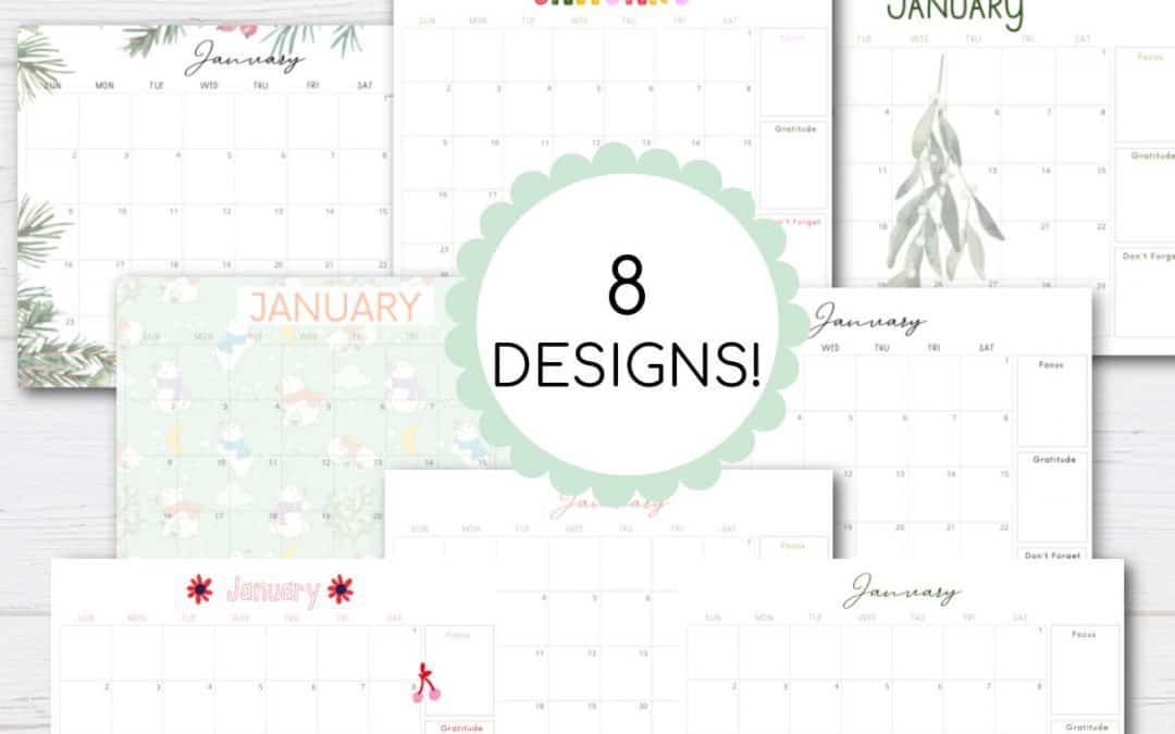 Free Printable January 2022 monthly calendars