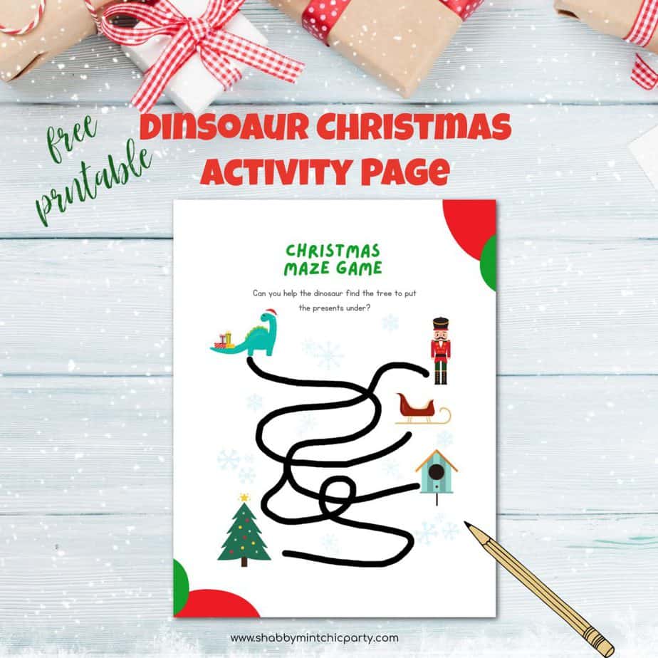 Winter Activity Maze Dinosaur find Christmas tree free printable