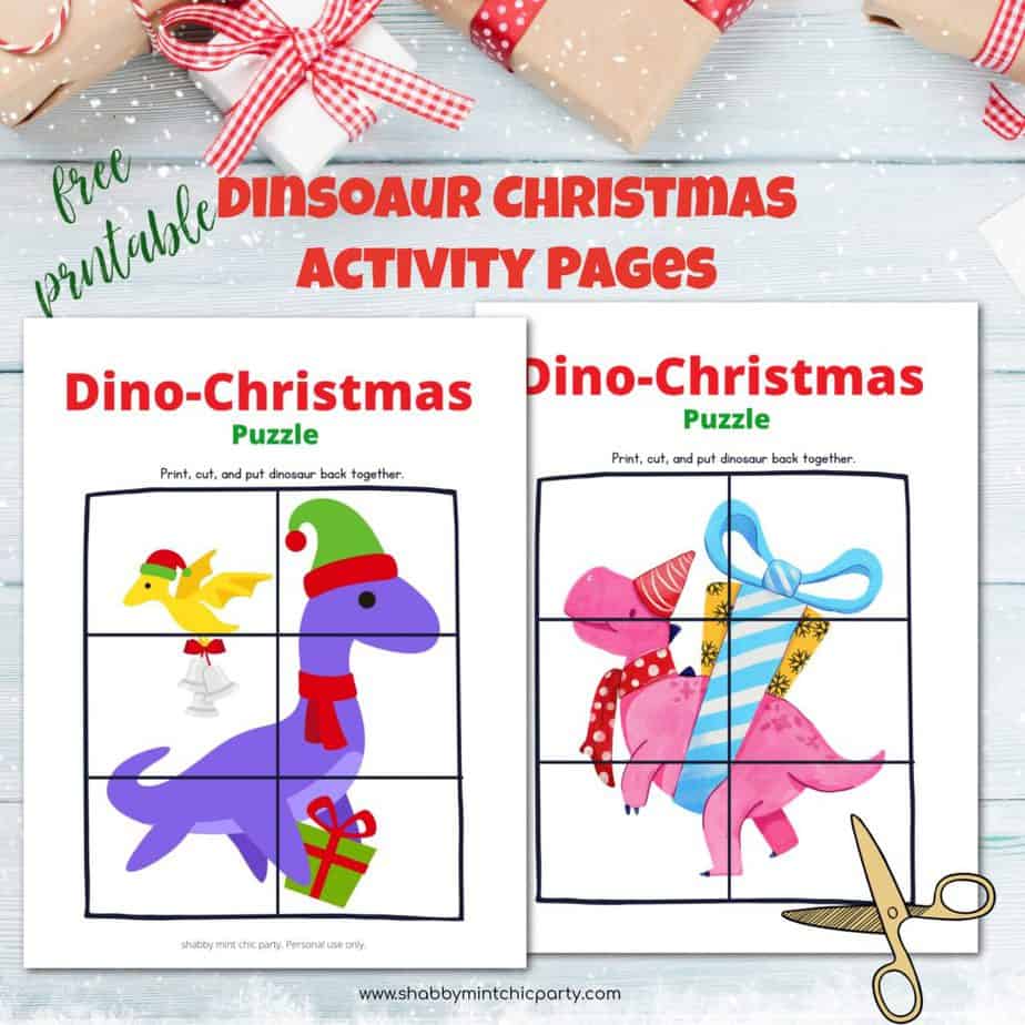 Winter Activity cut and put together dinosaur christmas puzzle printable
