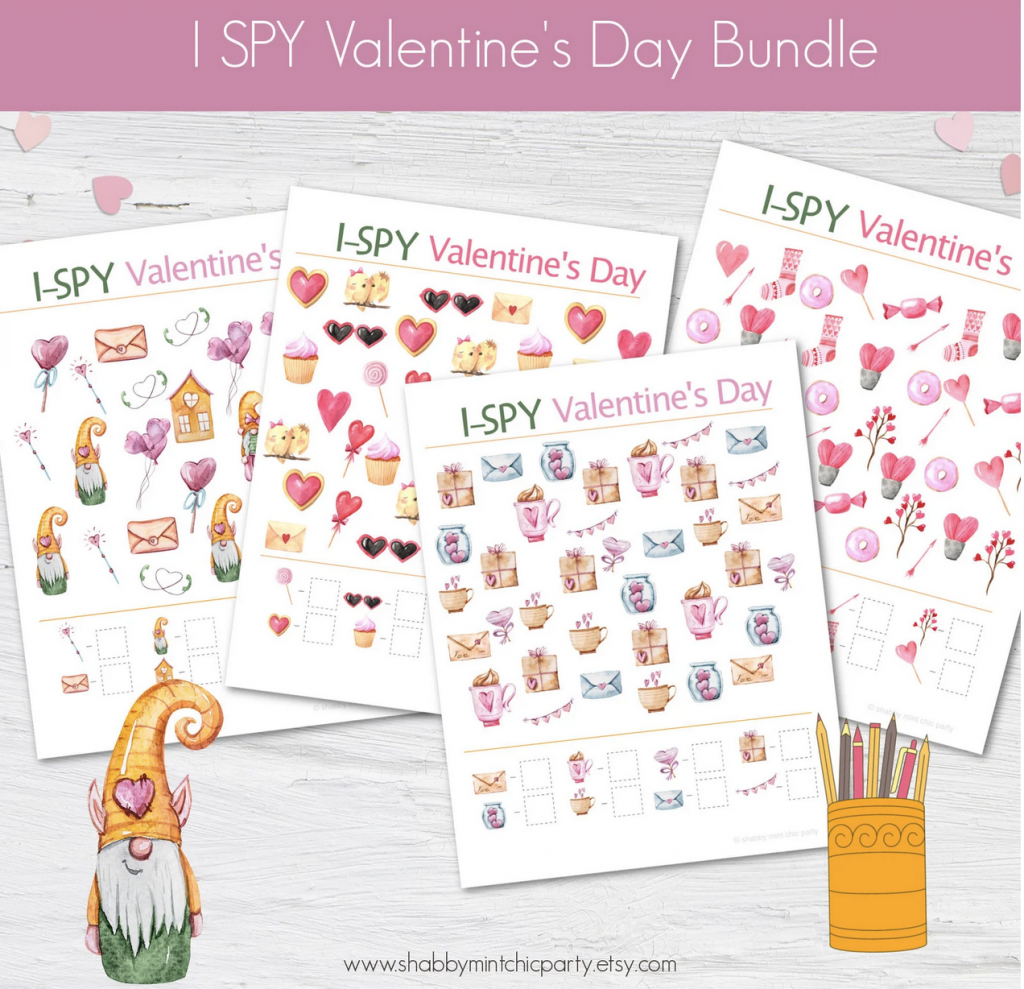 4 PAGES OF VALENTIN'E S DAY I SPY PRINTABLE GNOMES THEME