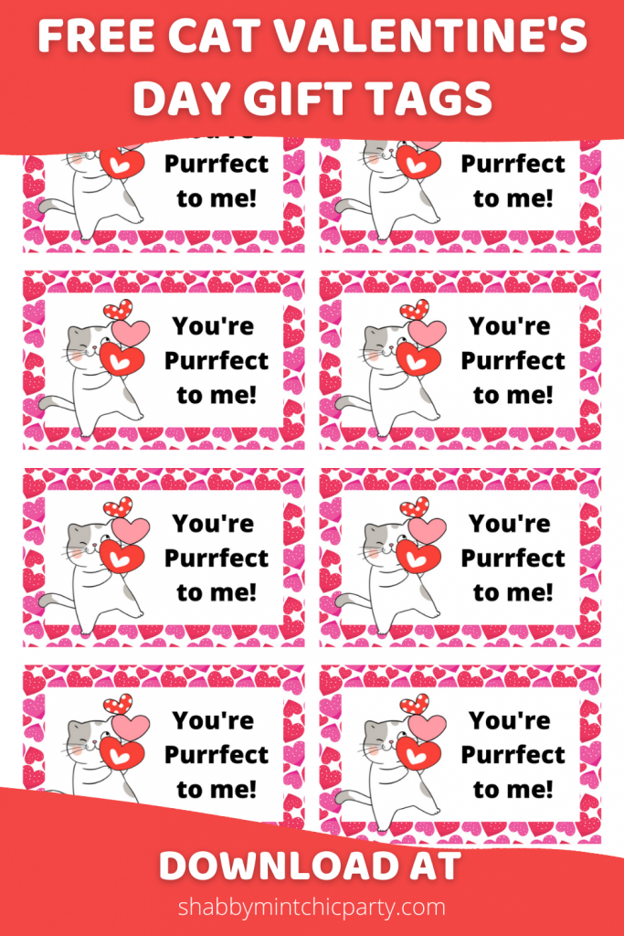 Valentine's Day rectangle gift tag with a cat holding hearts with the saying You're Purrfect to Me!