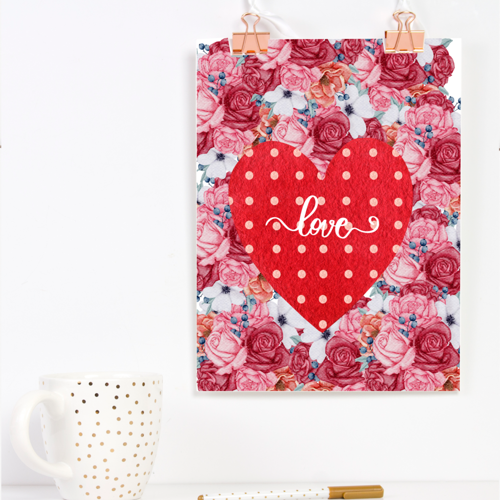 floral background with Red heart with the word LOVE wall art