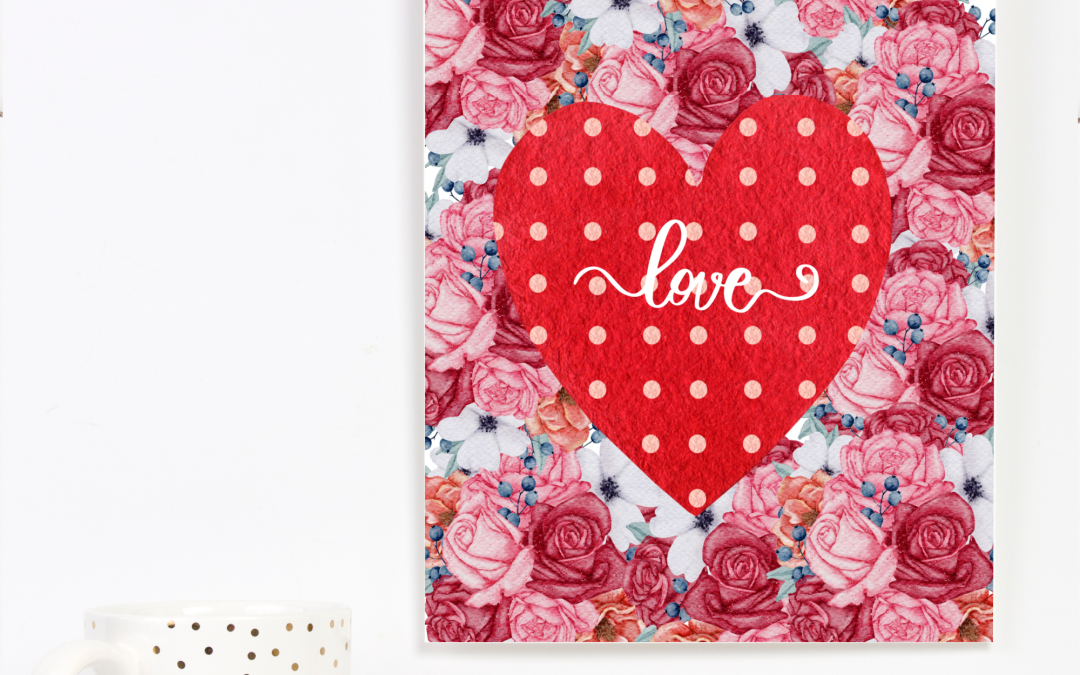 floral background with Red heart with the word LOVE wall art free printable