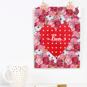 floral background with Red heart with the word LOVE wall art free printable