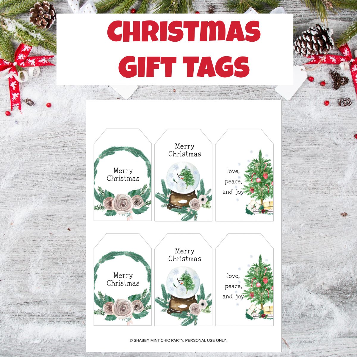 Christmas gift tags freebie 3 different designs 6 total tags- wreath, snowglobe and christmas tree.