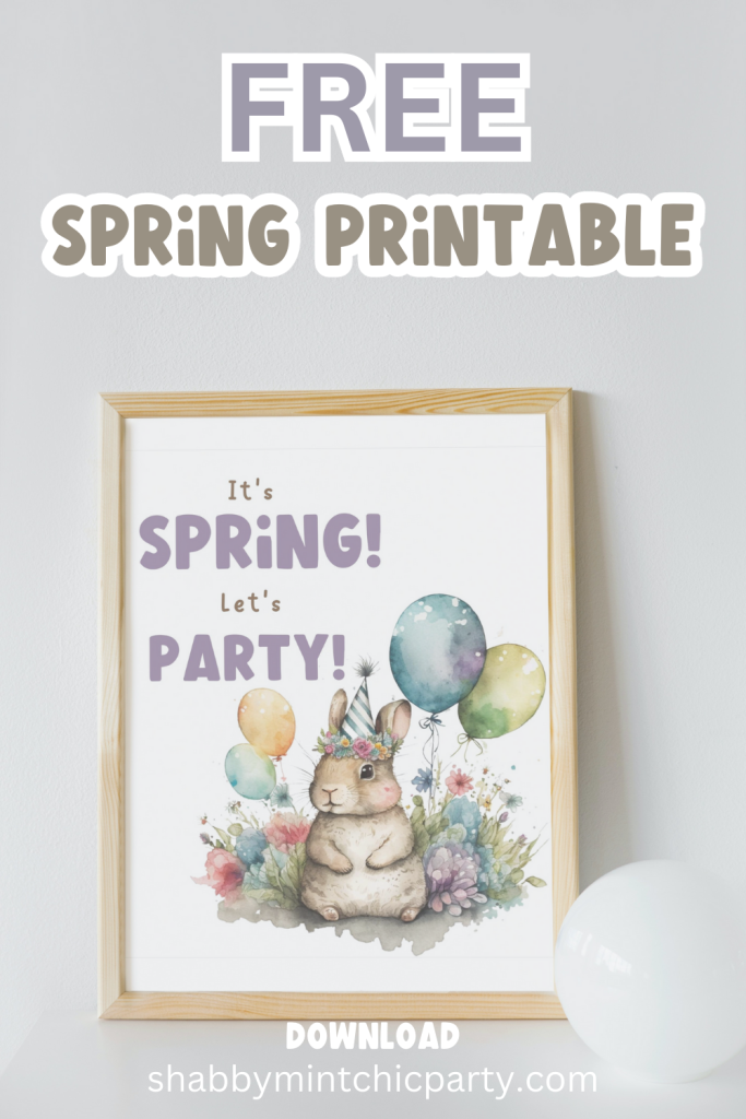 free spring/easter printable wall art download at shabby mint chic party dot com, watercolor bunny holding balloons wearing a party hat, surrounded by flowers.