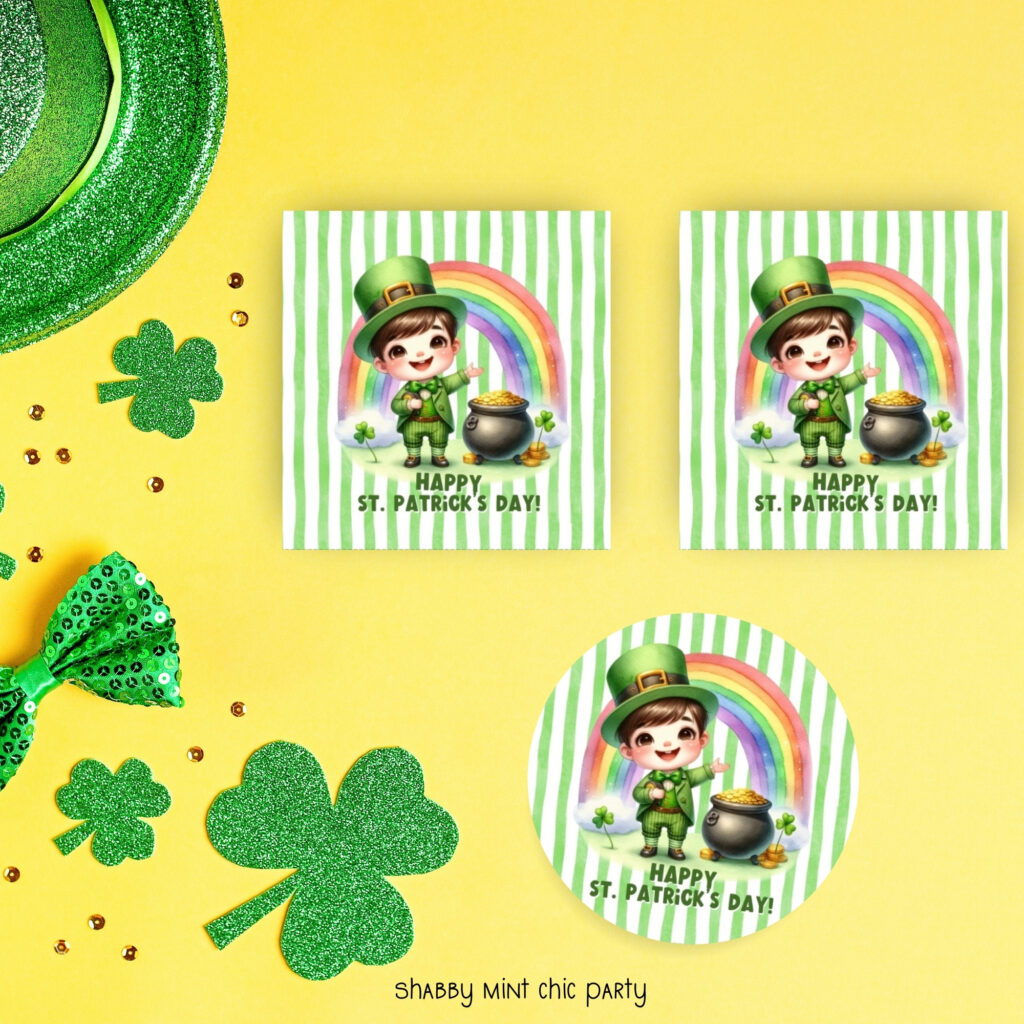 2.5 x 2.5 inches square cupcake topper for St.Patrick's day with leprechaun, pot of gold and rainbow. 