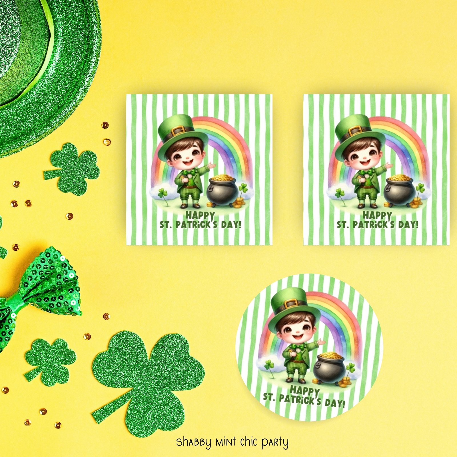2.5 x 2.5 inches square cupcake topper for St.Patrick's day with leprechaun, pot of gold and rainbow.