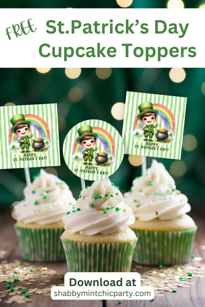 St.patrick's day gift tags and cupcake topper with cute leprechaun and rainbow design