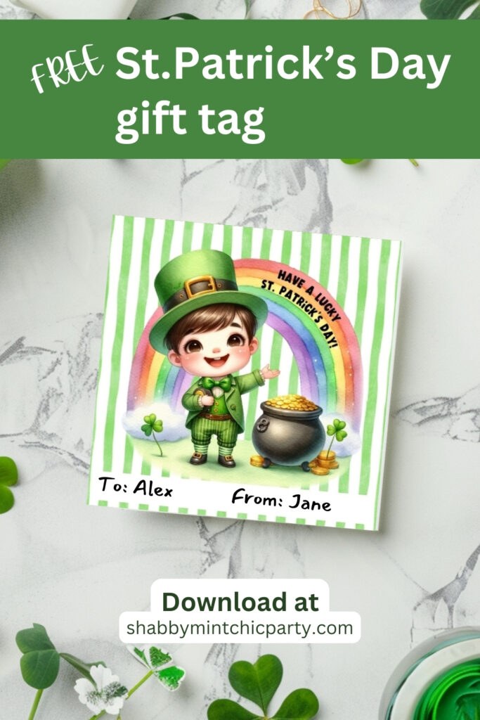 2.5 inches square gift tag for St.Patrick's day with leprechaun, pot of gold and rainbow.