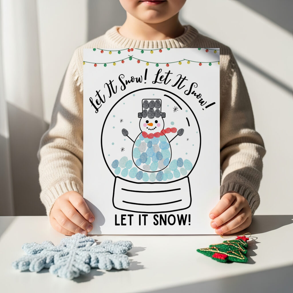 mockup of child holding fingerprint snowglobe free printable